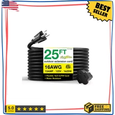 25ft 16/3 Heavy Duty Outdoor Extension Cord Black 13A 125V 1625W Water Resistant