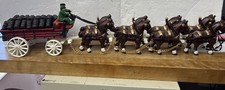 VTG Cast Iron Clydesdale Horse Drawn Beer Wagon Barrels Dog  Drivers
