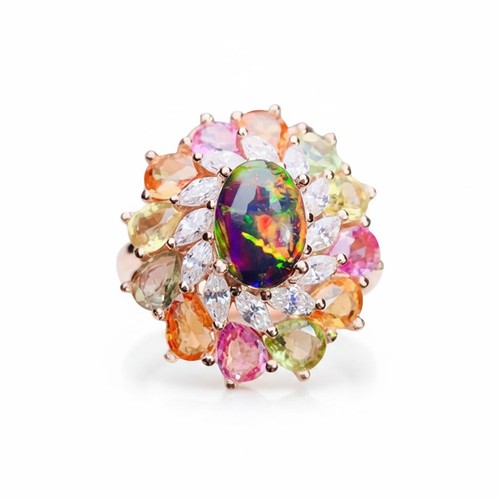 Natural Black Fire Opal Multicolor Sapphire Ring 925 Sterling Silver Rose Gold
