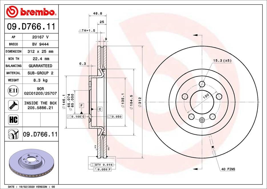 Disque de frein 09.D766.11 Brembo haute ventilation pour essieu arrière VW