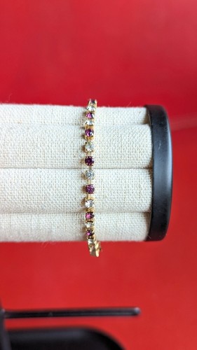 Vintage zierliches goldfarbenes lila weißes Strass Kristall Tennis 7 1/2" Armband  - Bild 1 von 14