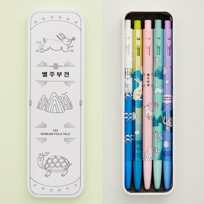 Monami 153 The Hare And The Tortoise Ballpoint Pen 5PCS + Tin Case + Sticker