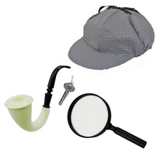 Sherlock Holmes Detective Hat, Pipe, Key  Magnifying Glass Costume 4 Pc Set