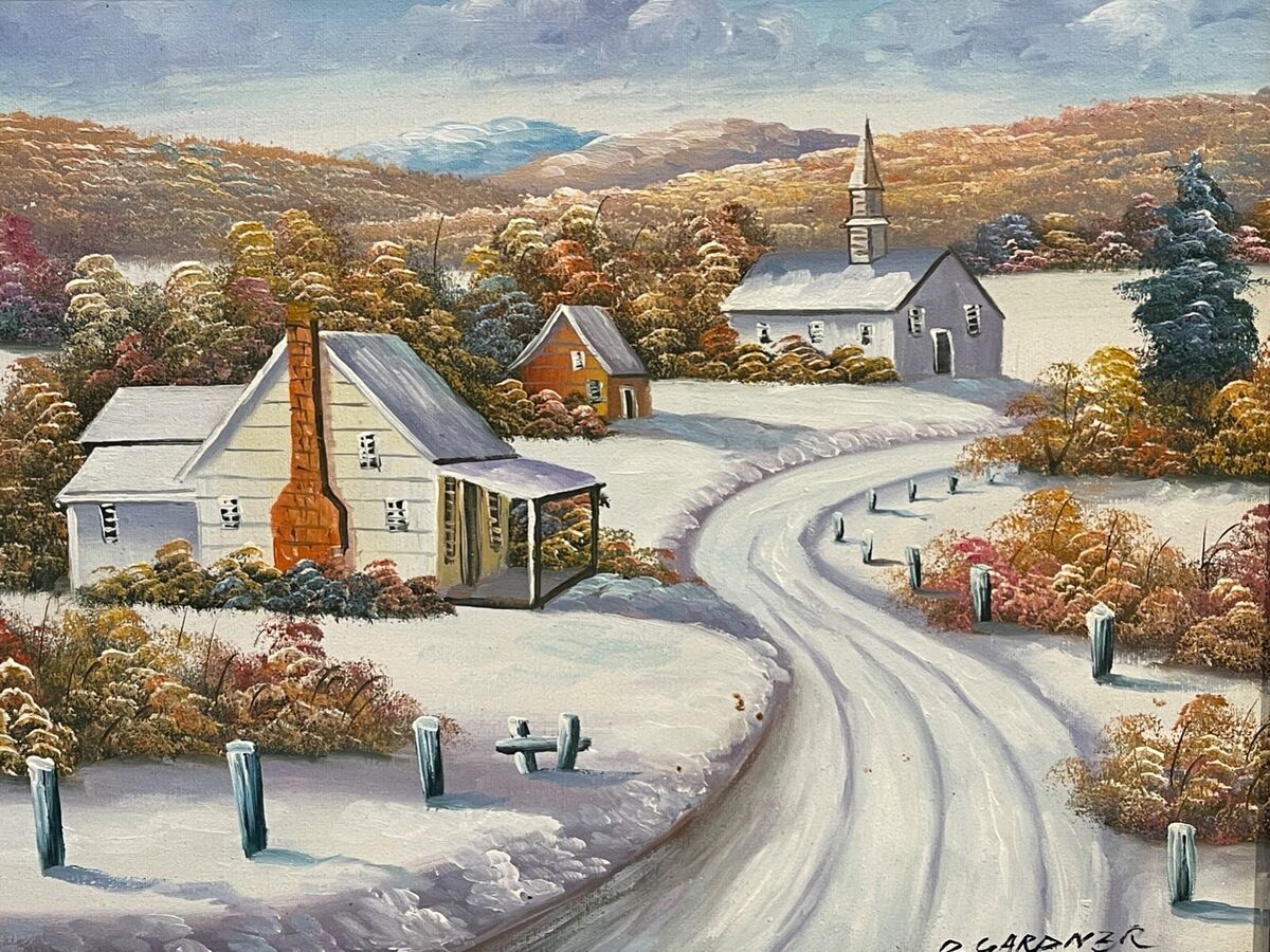 Vintage Winter Fall Snow town Landscape Oil Canvas Painting Vintage Winter Fall Snow town Landscape Oil Canvas Painting