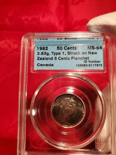 Error - 1982 Canada 50 Cents Struck on New Zealand 5 Cents Planchet CCCS MS-64 - Picture 4 of 6