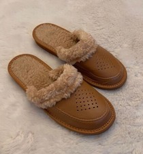 Image of Women`s 100% Natural Leather Slippers With Sheepskin Wool Lining.