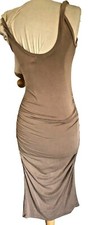 Brown Made BodyCon Tank Dress Jersey Cling Tea Length Ruches S XS Sexy Tight