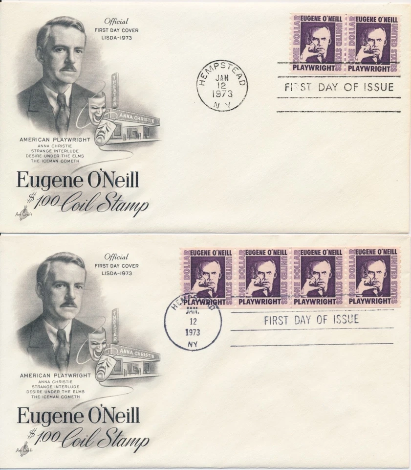 #1305c Eugene O'Neill $1 lot of 11 mixed cachet First Day covers Pairs, 4, Singl - Image 3 of 4