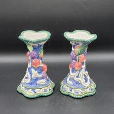 Fitz and Floyd Florentine Candlesticks Candle Holders 2 Apple Grapes Fruit   b5
