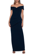 $278 Xscape Navy Blue Crepe Layered Front Off Shoulder Column Gown 6 NEW X294