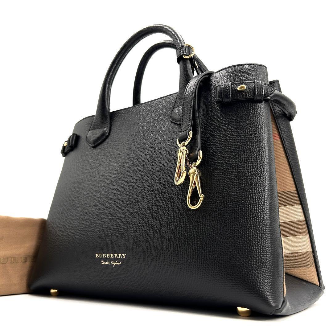 Kiwami Burberry Banner Tote 2Way Mega Check Logo Leather Black