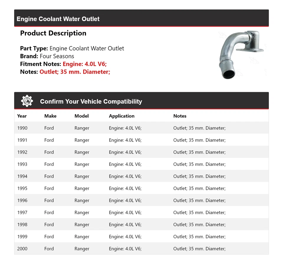 Salida de agua refrigerante motor V6 4,0 L para Ford Ranger 1990-2000 4 estaciones 1991 Foto 2 de 4