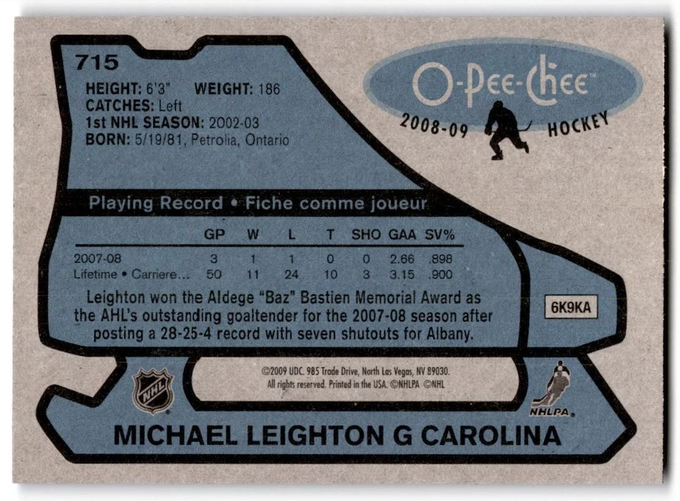 2008-09 O-Pee-Chee '79-80 Retro Michael Leighton #715 Carolina Hurricanes - Image 2 of 2