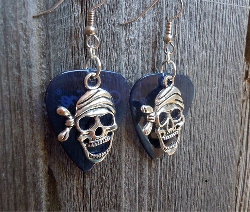 Skull with Bandanna Charm Guitar Pick Earrings with Surgical Steel Earwires - Picture 10 of 12