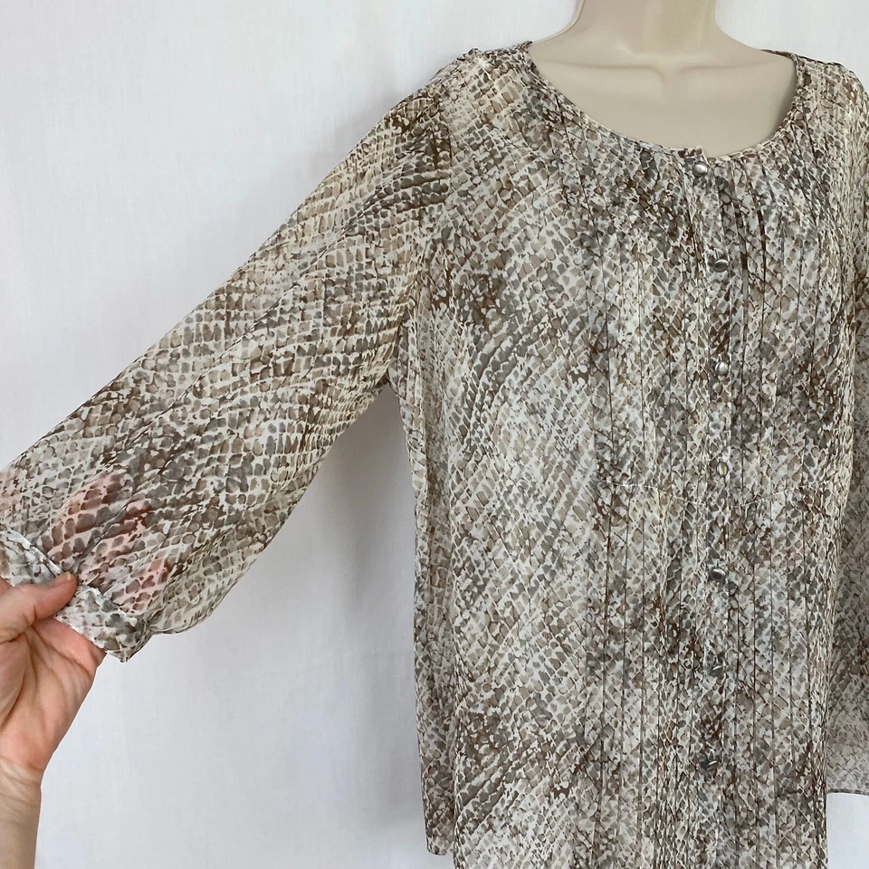 Talbots Blouse 16W Sheer Layered Animal Print Gray Tan Career Casual TwoFer 2Fer - Image 3 of 4