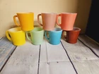 7 VINTAGE FIRE KING PINK, JADEITE, TEAL, YELLOW, ETC MILK GLASS MUGS ANCHOR HOCK