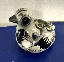 Vintage Tonala Mexican Gray BIRD Figurine Hand-painted Flowers  3" x 2" x 2.75"