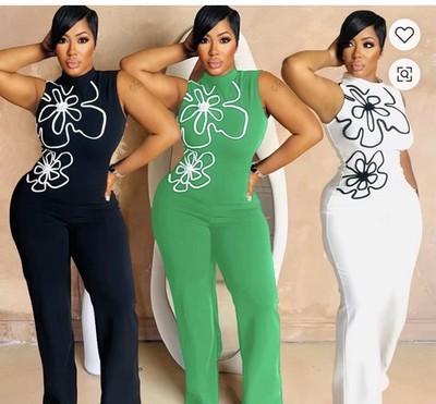 Sleeveless Floral Print Jumpsuit One-Piece Black Green White
