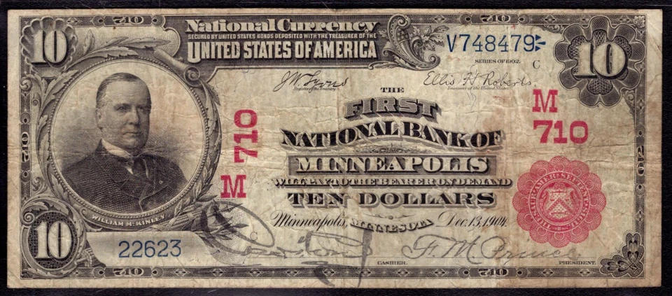 1902 RED SEAL $10 FIRST NATIONAL BANK NOTE MINNEAPOLIS MINNESOTA PCGS B CH F 15 - Image 3 of 4