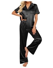 Silk Pajamas for Womens Set 2 Piece Satin Pjs Soft Button Down Small Black