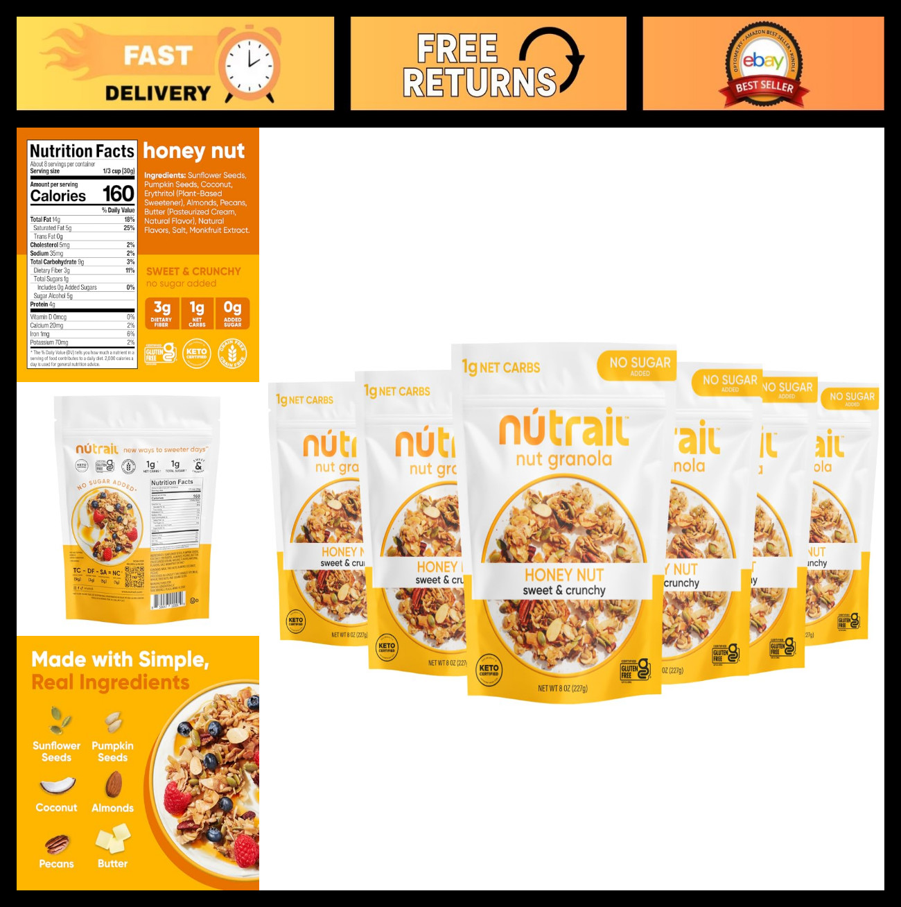 Keto Honey Nut Granola Cereal - No Sugar Added, Low Carb, Gl