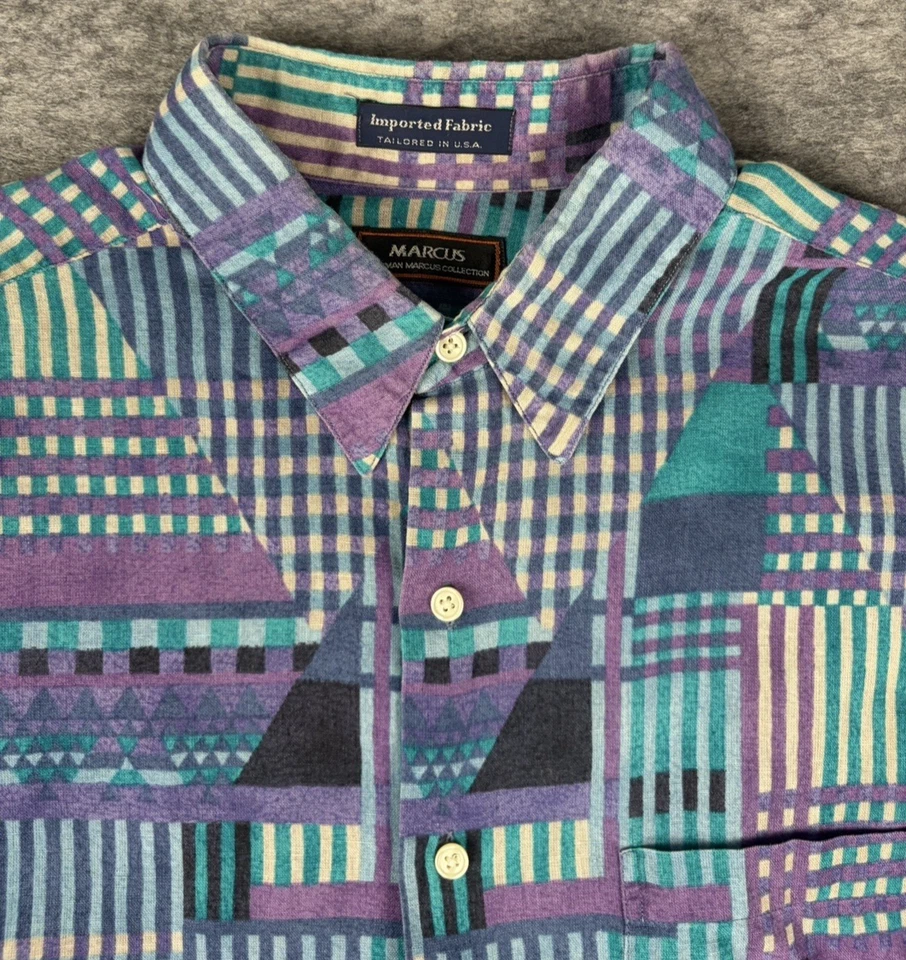 Vintage Neiman Marcus Shirt Mens XL Purple Blue Abstract Linen Blend USA Made - Image 2 of 4