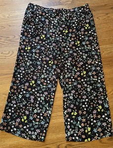 Barely Worn Loft Black Floral Print Wide Leg Pants Elastic Waist Sz XL