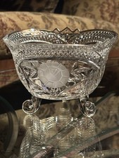 Vintage Heavy Cut Crystal Footed Candy Dish Bowl Starburst 3 Foot Germany