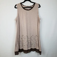 Logo Lori Goldstein Top 1X Tunic Tank Beaded Mesh Hem Tan Brown Cotton Slub Knit