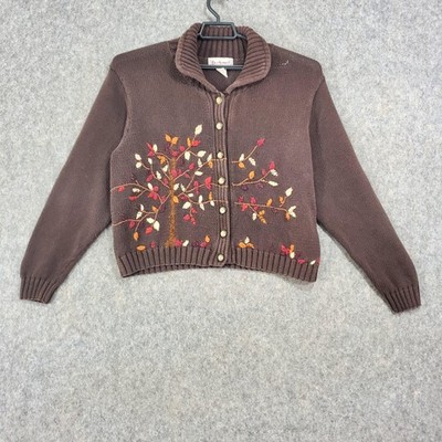 Bechamel Sweater Womens XL Brown Cardigan Tree Leaves Embroidered Fall