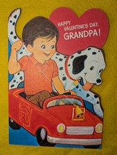 Vintage Unused Pedal Car Fire Engine Dog Valentine's Day Grandpa Greeting Card 