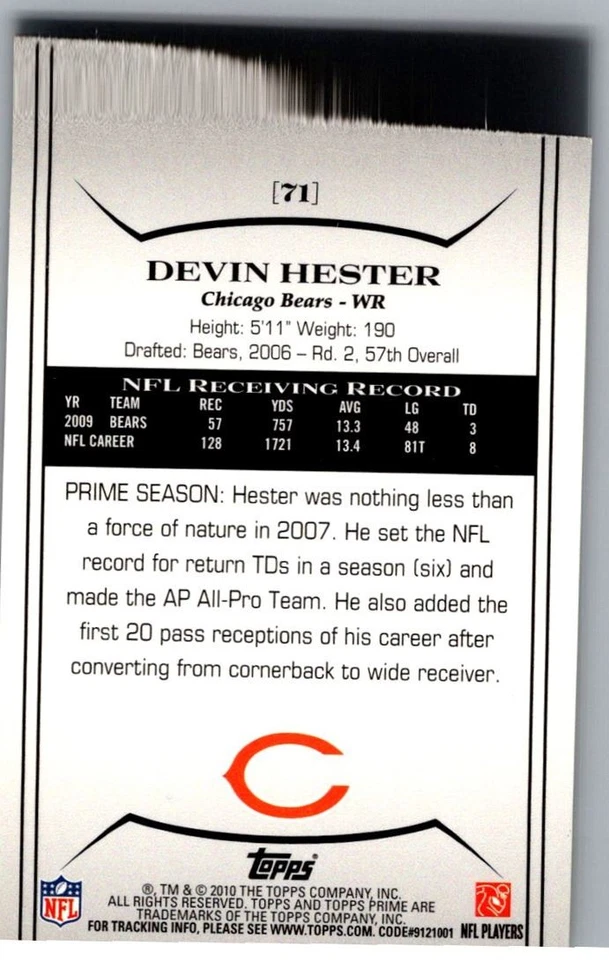 2010 Topps Prime Devin Hester Chicago Bears #71 - Image 2 of 2