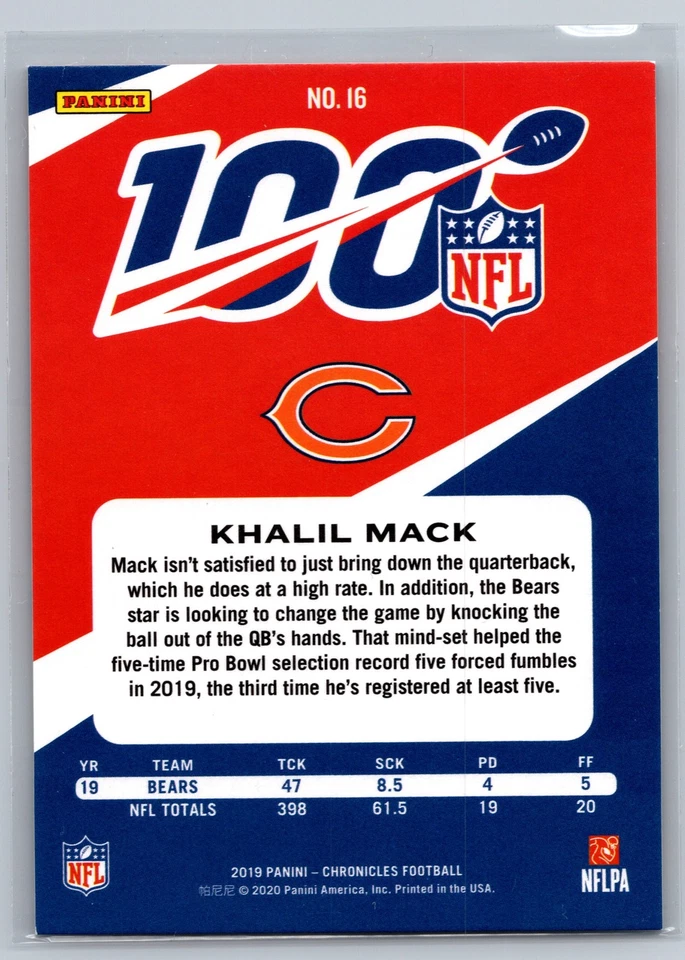 2019 Panini Chronicles #16 Khalil Mack NFL 100 Purple #/49 - Image 2 of 2
