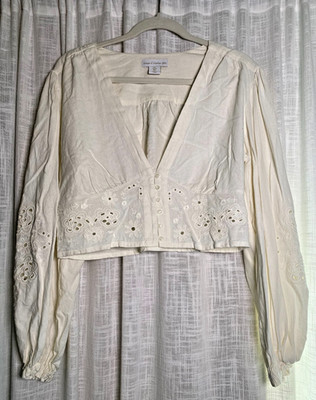 House of Harlow 1960 Linen Blend Large Eyelet Lace Long Sleeve Blouse Romantic