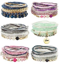 6 Sets Bohemian Stackable Bead Bracelets for Women Stretch Multilayered Brace...