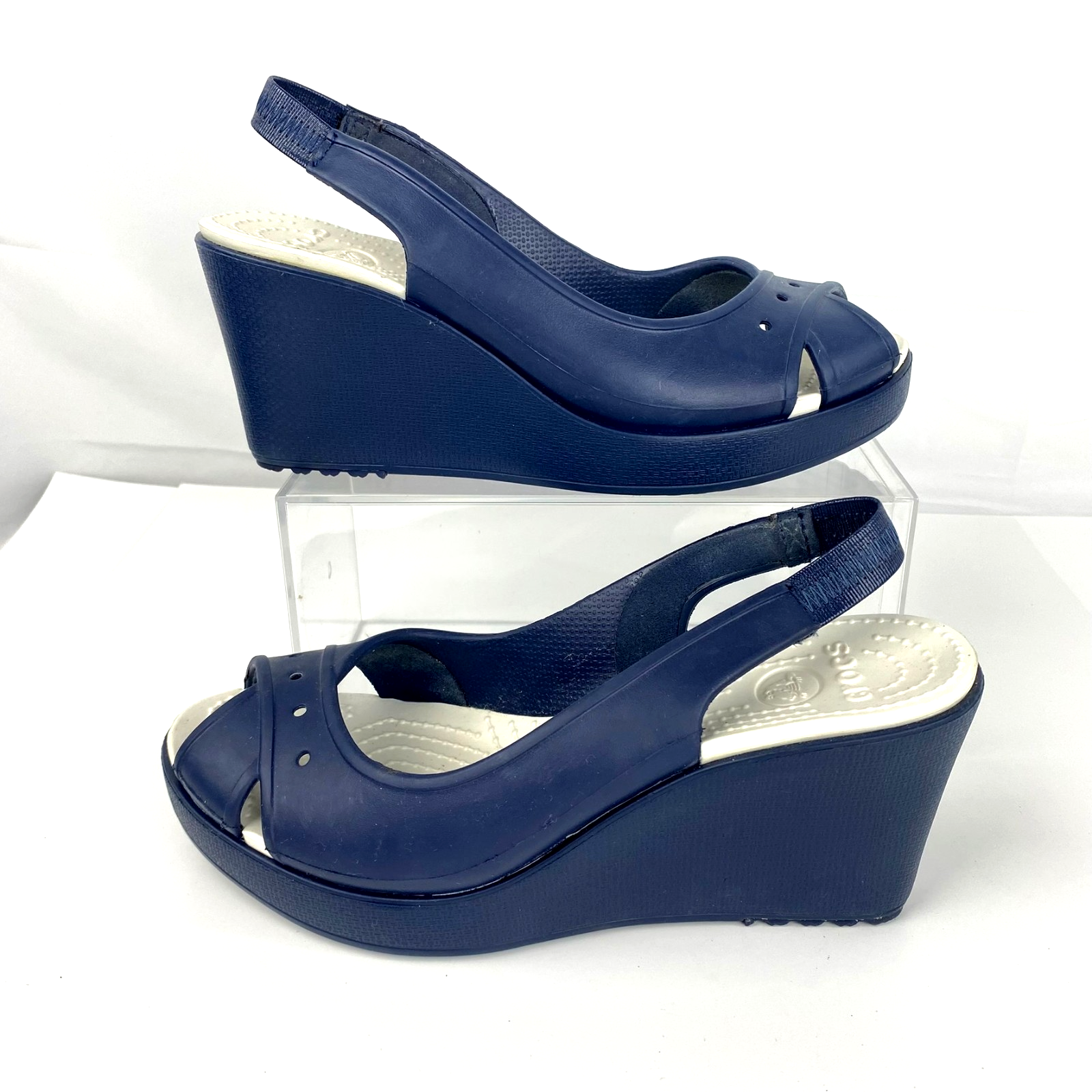 Crocs Farrah Navy Blue Platform Wedge Slip On Comfort Shoes-image
