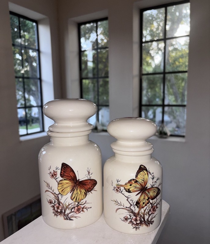 Ceramic Butterfly Apothecary Jars Set of 2 White Glossy 7 1/2 in