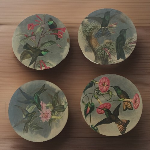 Set sottobicchieri vintage in gres COLIBRD diverse scene di uccellini con fondo in sughero