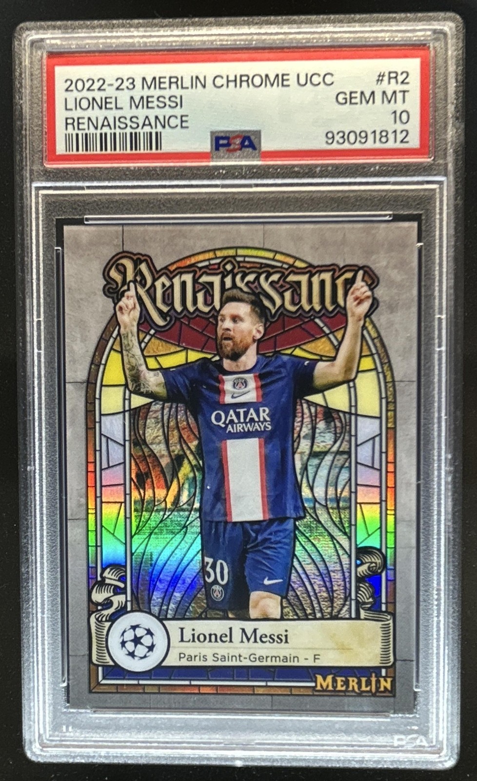2022-23 Topps Merlin Chrome UEFA Lionel Messi Renaissance #R-2 PSG PSA 10