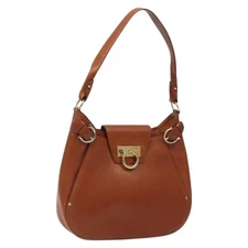 Salvatore Ferragamo Gancini Shoulder Bag Leather Brown Gold Auth yk17786