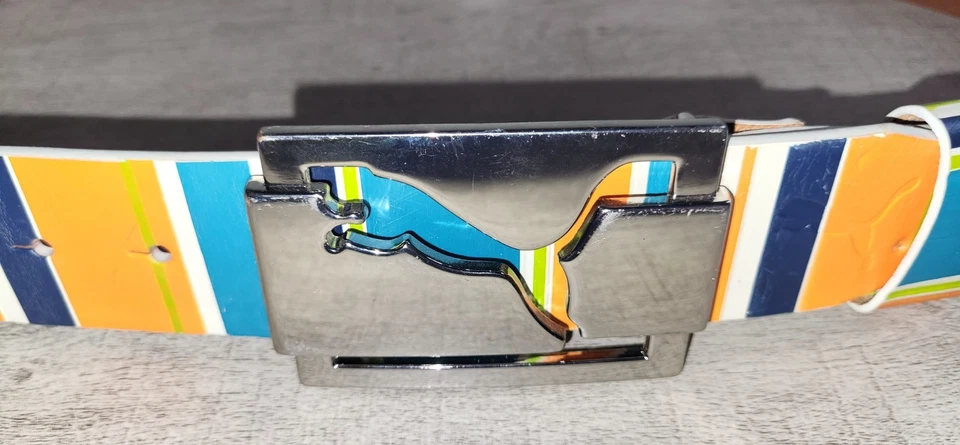 Cinturón de cuero a rayas naranja verde azulado deportivo PUMA Rudolf Dassler para hombre L grande difícil de encontrar Foto 4 de 4