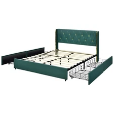 Full Upholstered Bed Frame Platform w/ High Headboard & 4 Rolling Drawers Green