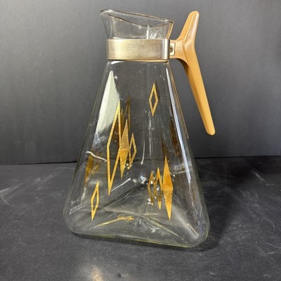 Vintage Teapot Glass Starburst MCM Pitcher Holder Coffee Gold Triangle Atomic