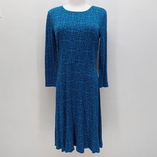 LOFT Fit & Flare Dress Women's Small Petite Blue Black Scroll Midi Classic Work