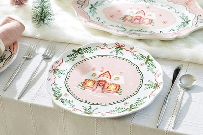 GRACE'S TEAWARE NEW Potter’s Studio Pink Christmas House 10.5" Dinner/Dessert Plate – Free Ship!
