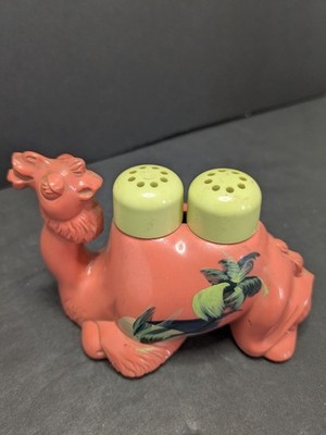 Vintage Camel Salt & Pepper Shakers With Hand-Painted Details Coral & Green