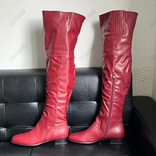Women Party Over The Knee Boots Faux Leather Chunky Heels Round Toe Wine Red - Picture 15 of 15