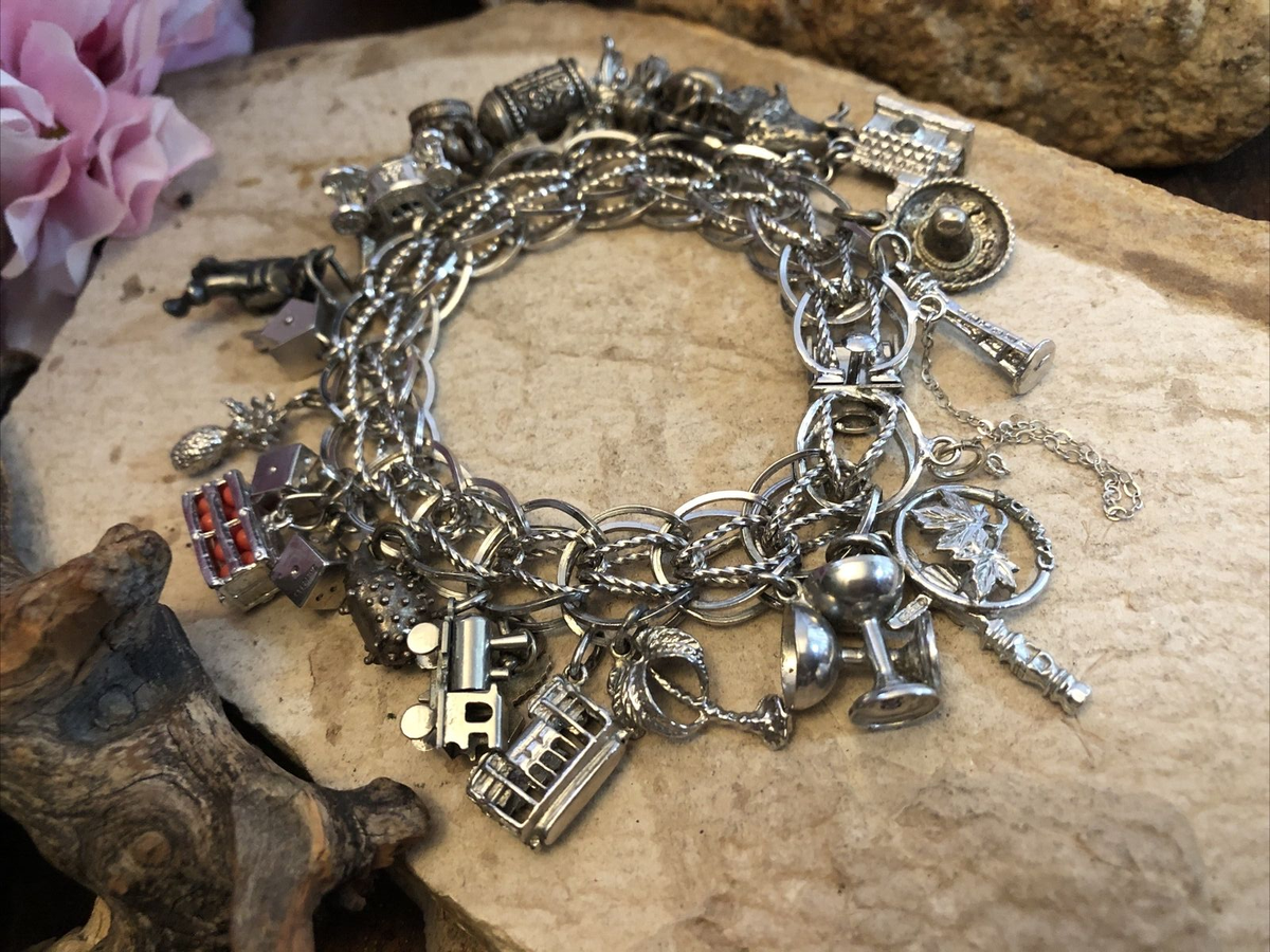 PRY シュウト Antique Silver Chain Bracelet 4. EJ Vintage Sterling Silver 925 Many Dangle Charm bracelet 71.9g