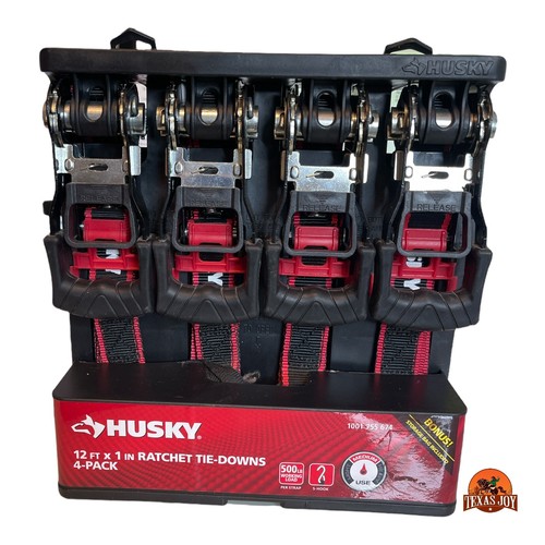 Husky 12" X 1 Ratchet TieDown 4pack Straps w/Storage Bag 500lb Load