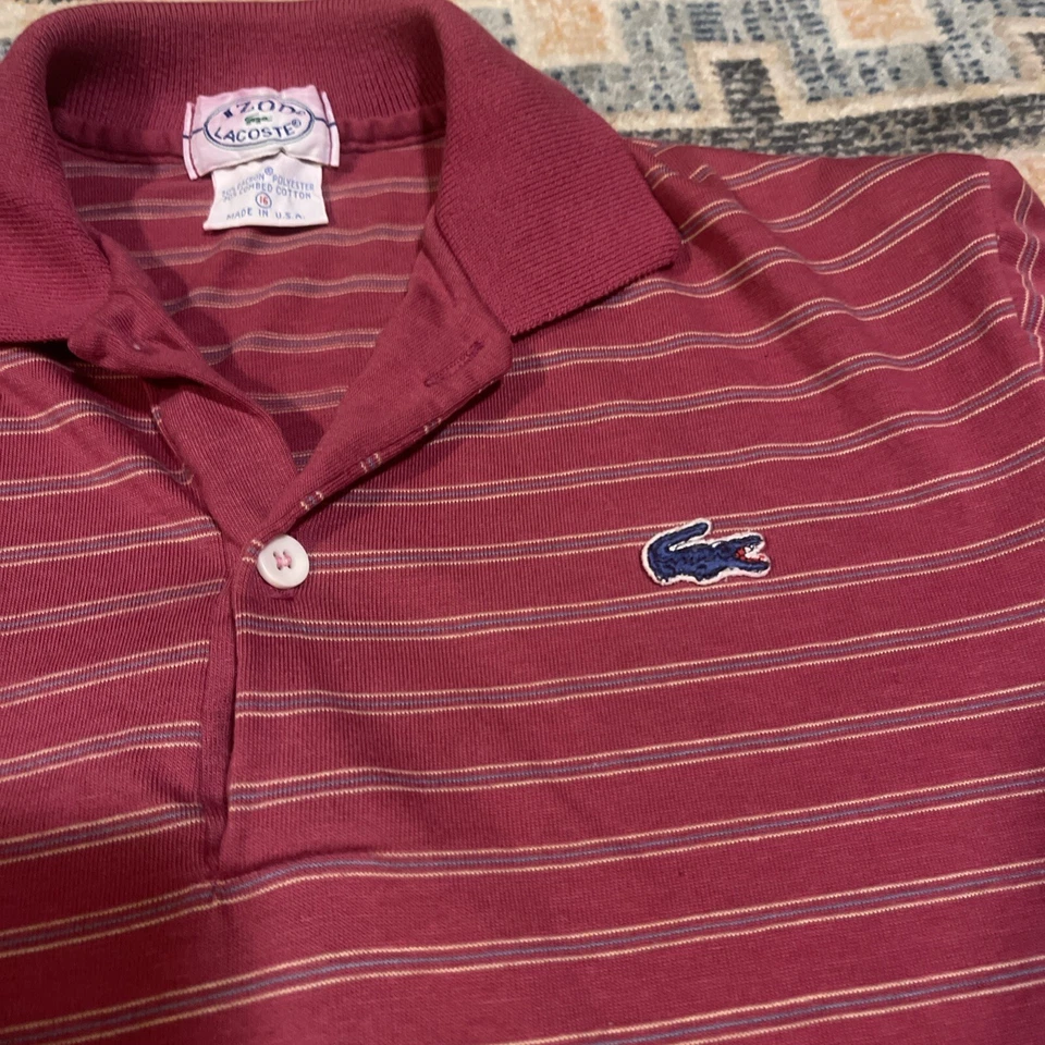 Lacoste Gator Size 16 Stripe Polo Short Sleeve Shirt Girls Youth Pink Vintage - Изображение 2 из 3